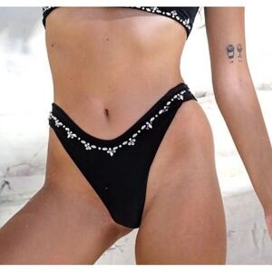 Oceanus Aaliyah Swimwear Black Crystal Embellished V-Front Bikini Bottom XS New